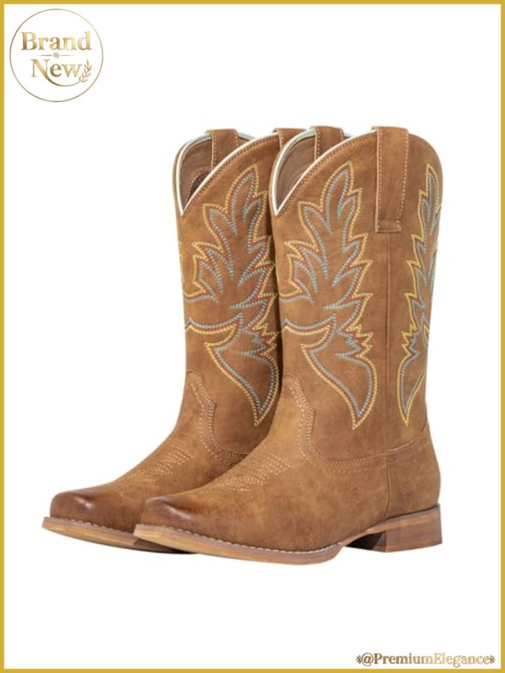 Square Toe Cowboy Boots Wide Calf Pull On Embroidered Western Mid-Calf Boots